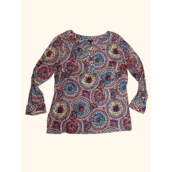 Talbots Tops - Talbots Petite 14W Paisley Metallic Henley Top Boho Long Sleeve Multicolor